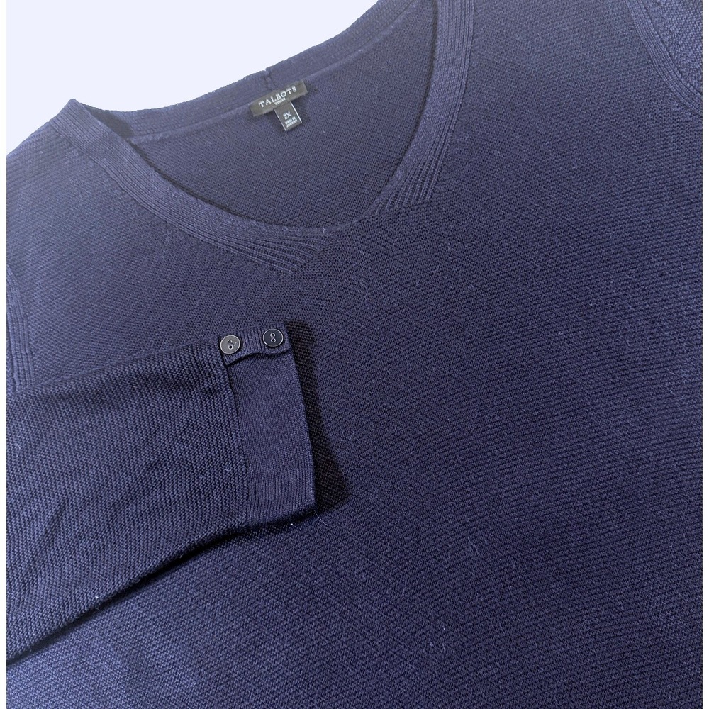 Talbots V Neck Sweater Womens 2X Navy Blue Curved Hem Textured Knit Rayon Blend